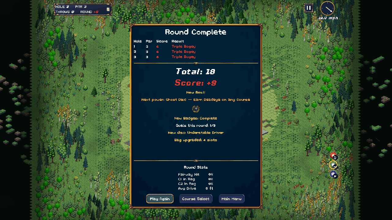 The round-complete card with the scorecard, badges earned, and the best throw
