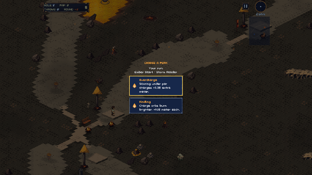 The draft between holes: choose a perk, Overcharge or Kindling, with the run's perks listed above